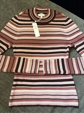 Gentle Fawn Rose, Blush & Brown Striped Ribbed Crewneck Sweater